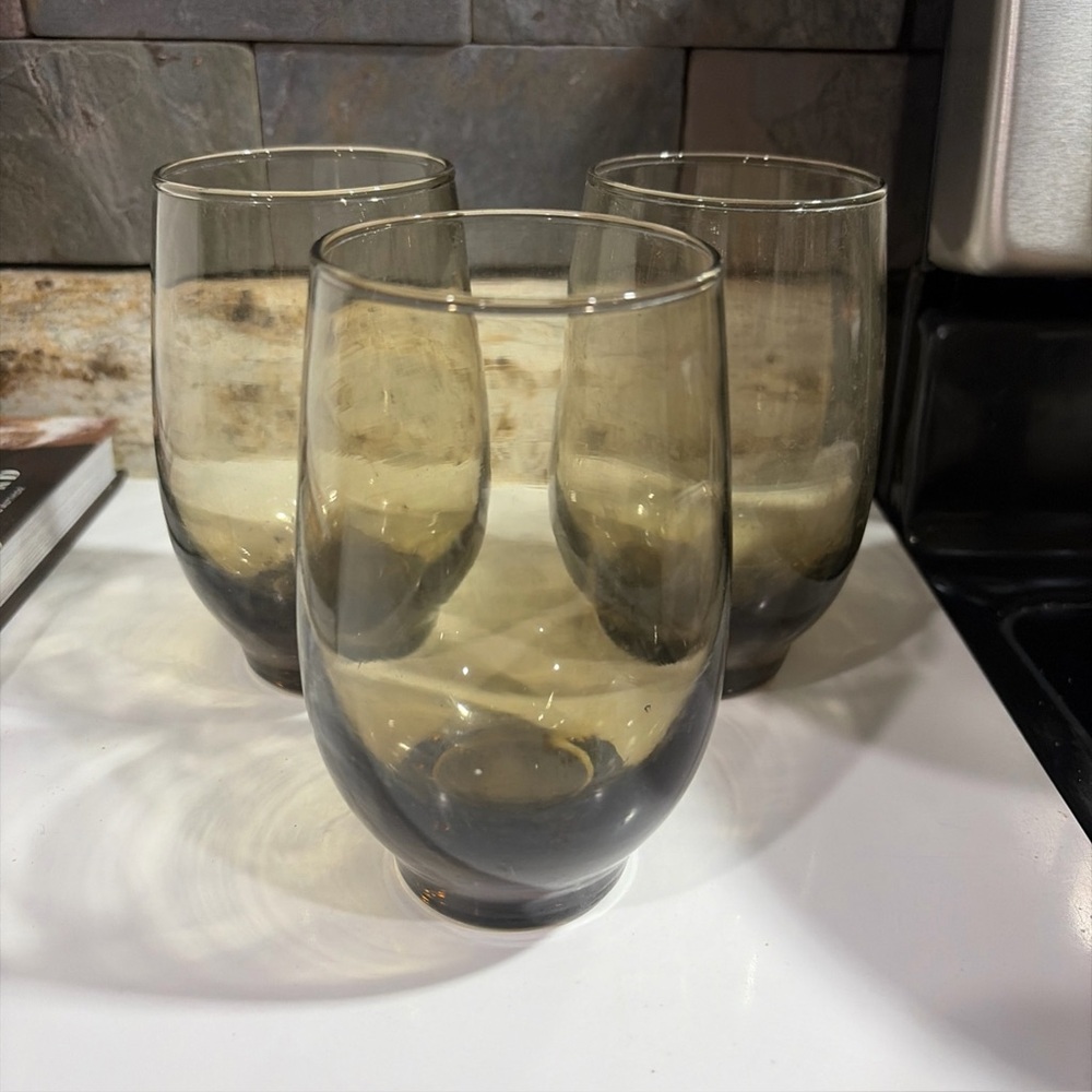 3 Vintage MCM Libbey Smokey Brown Tumblers Glasses 8 oz Weighted Rounded Bottom